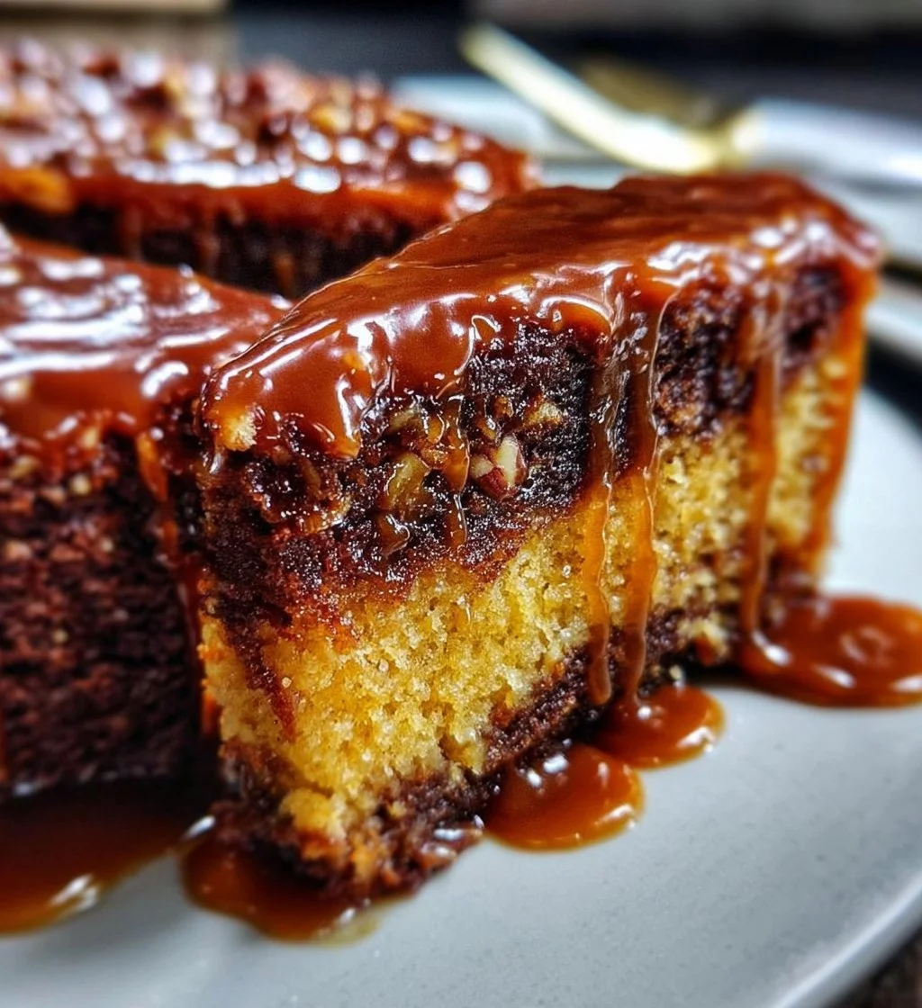 Turtle Caramel Cake layered with chocolate, caramel, and pecans