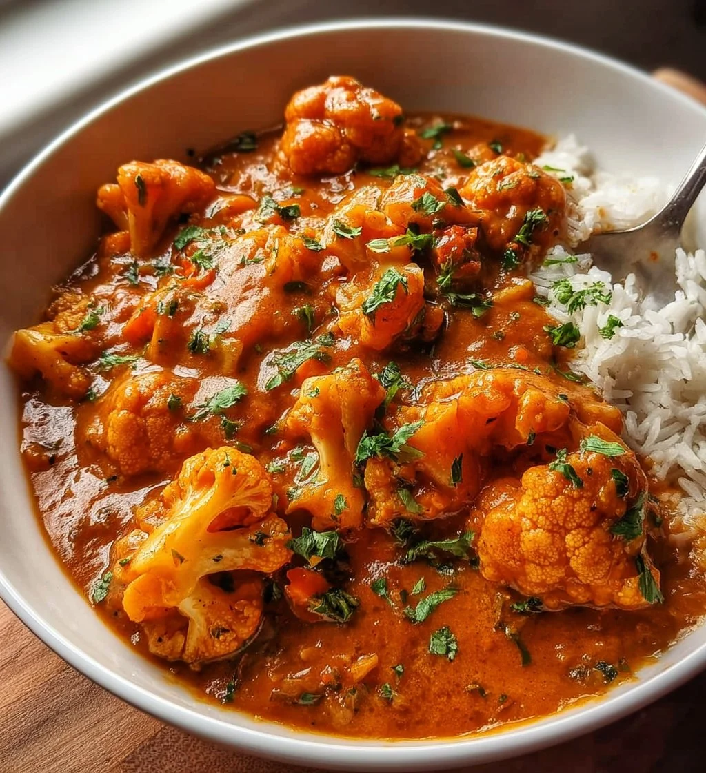 Vegan cauliflower tikka masala served in a bowl garnished with fresh cilantro