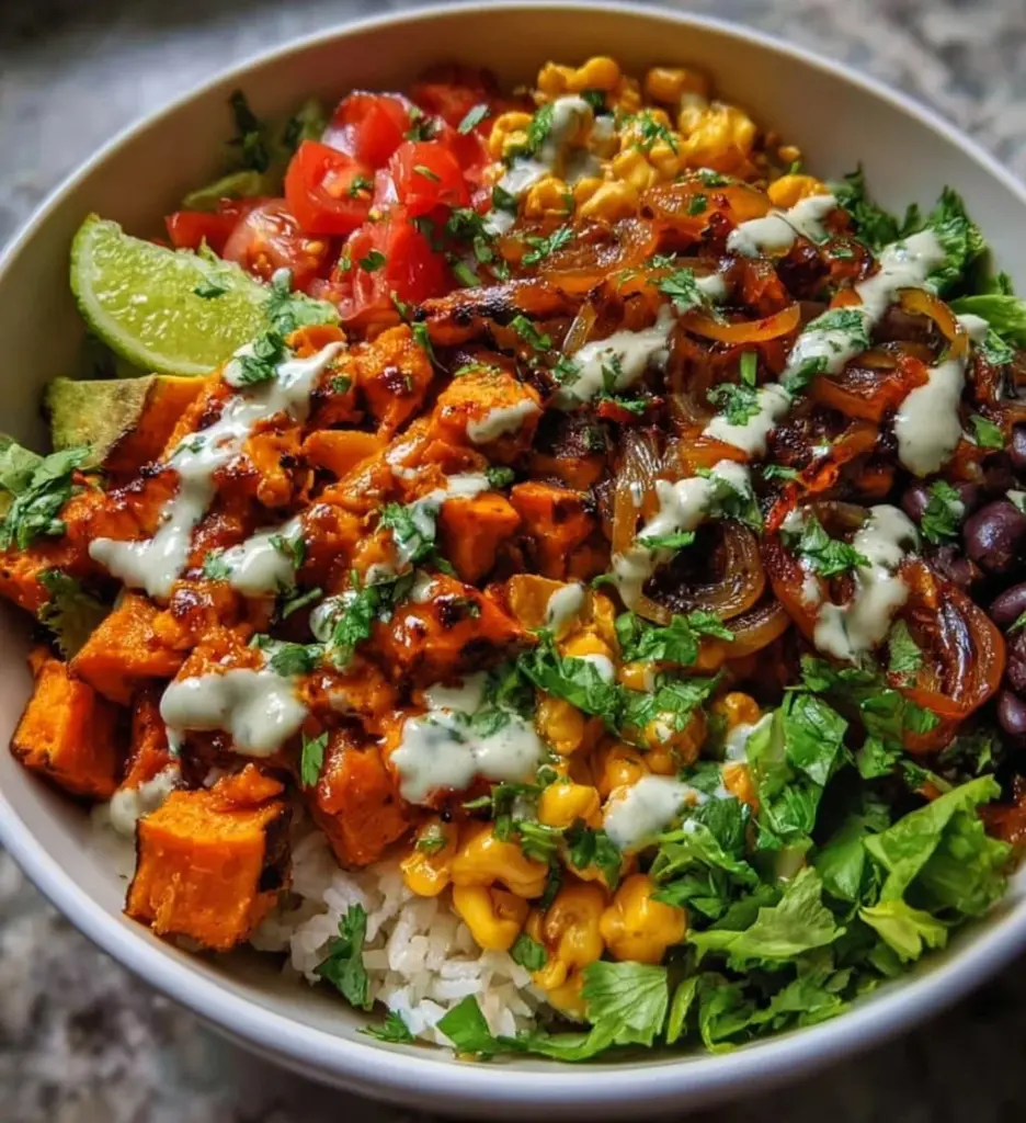 Vegan sweet potato burrito bowl with colorful vegetables and toppings