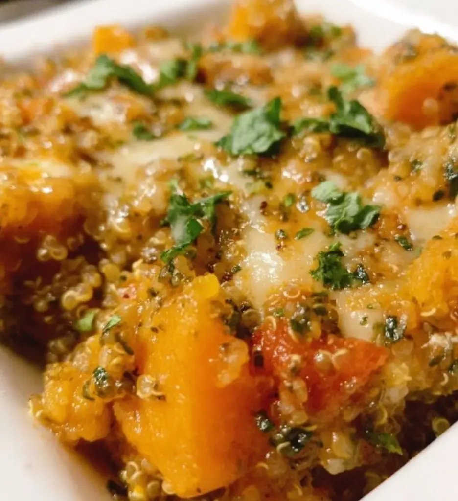 Vegetarian butternut squash quinoa casserole served in a baking dish
