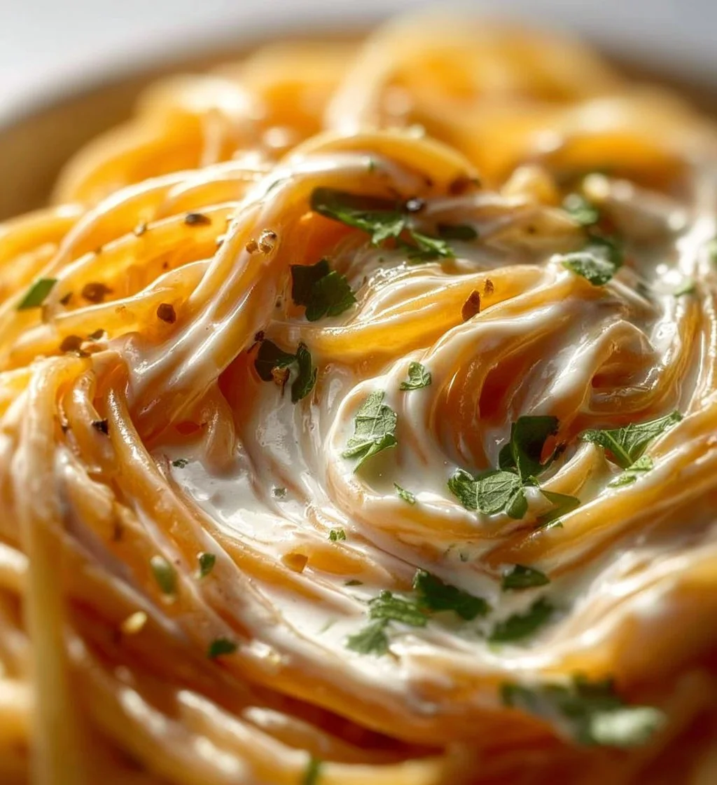 Yogurt pasta sauce served over fettuccine noodles with herbs